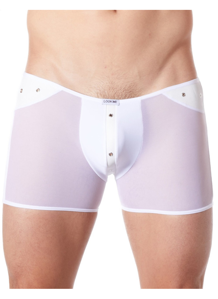 Boxer blanc sexy maille transparente et bande style cuir - LM807-67WHT